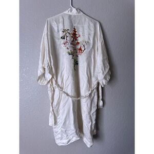 Vintage Ivory Silk Chinese Embroidered Dressing Gown Robe Kimono Sz Large read